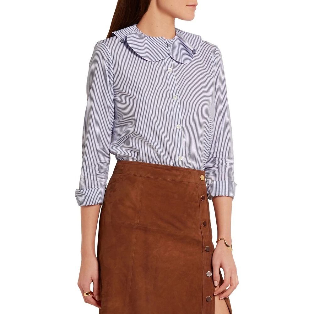 Vanessa Seward Women's Blue White Striped Peter Pan Collar Button Up Blouse Top